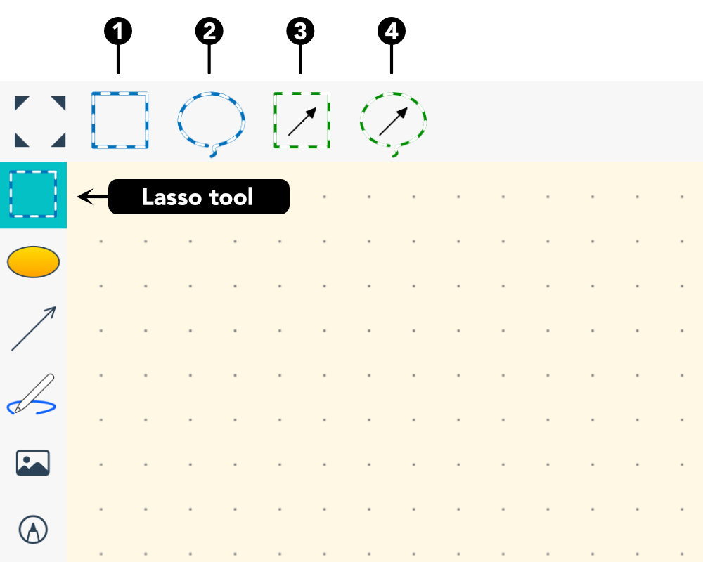 Lasso tool and the rectangular and freehand lasso types for shapes and connectors.